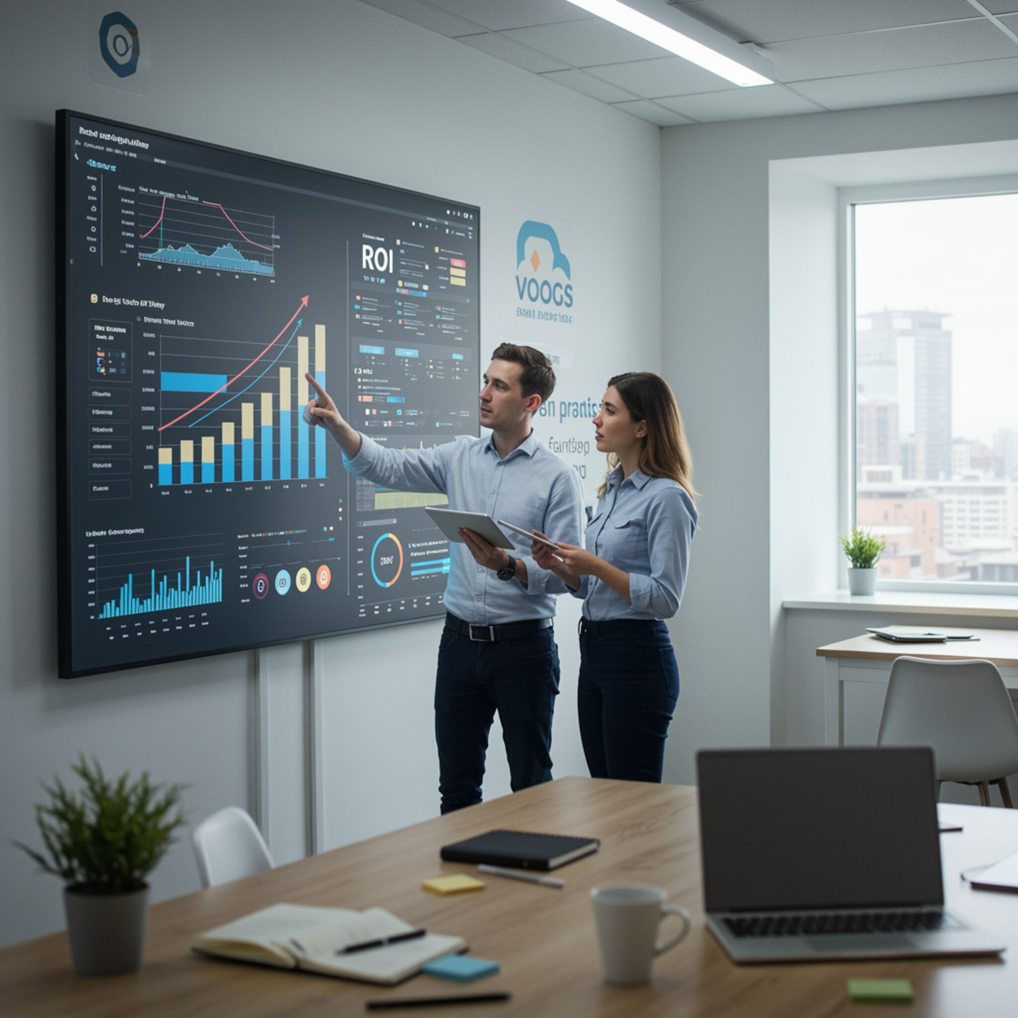 "Ilustración digital en alta resolución de dos profesionales del marketing en una oficina moderna, analizando métricas de rendimiento de campañas en un tablero digital."