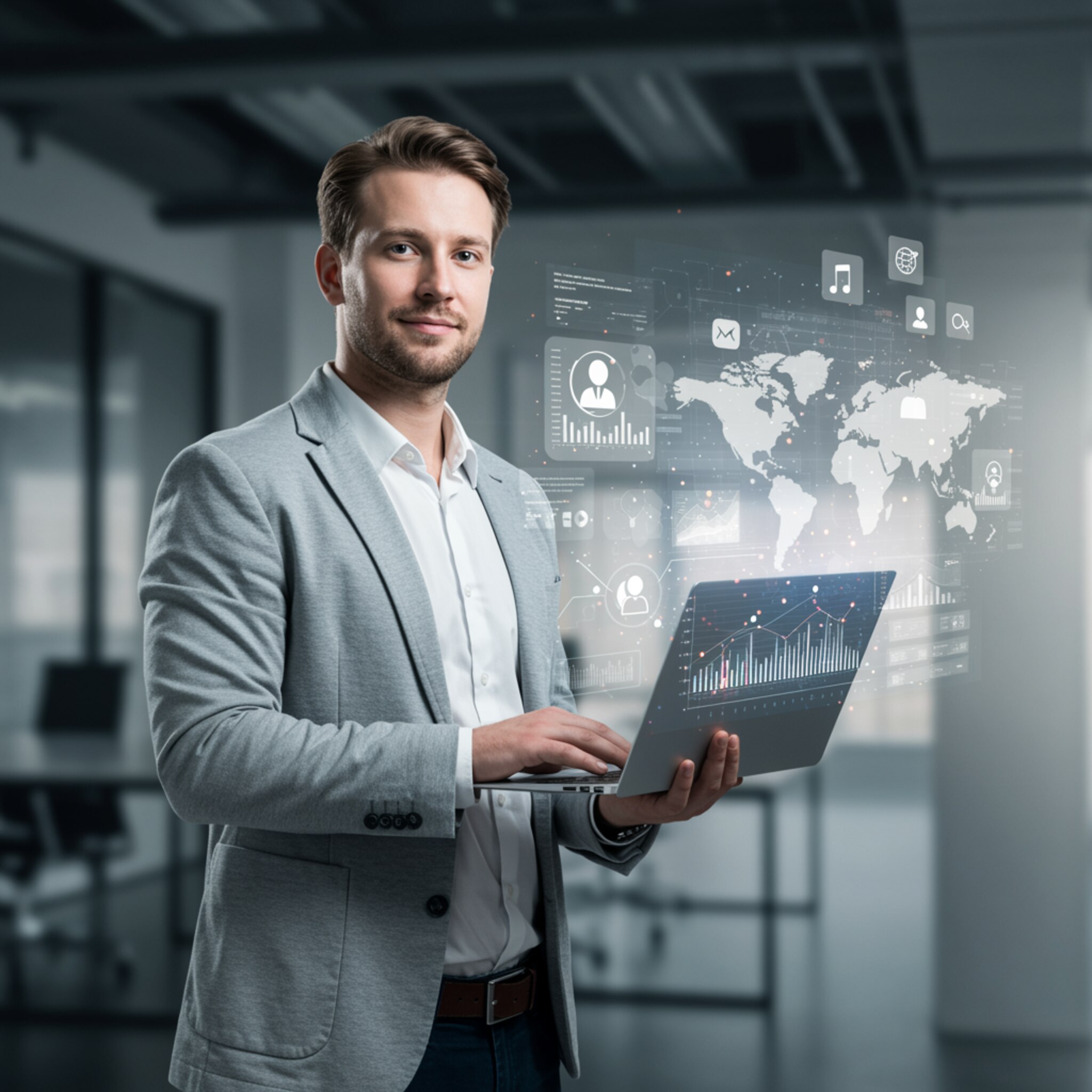 "Retrato profesional de un consultor de marketing digital en una oficina moderna, vestido de manera elegante y mostrando gráficos brillantes en su laptop, simbolizando innovación y estrategias de crecimiento en internet."