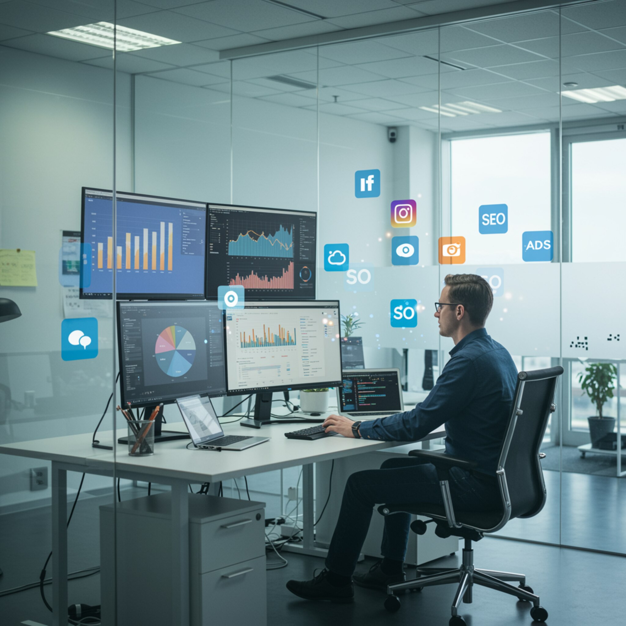 "Especialista en marketing digital trabajando en un moderno despacho minimalista, rodeado de pantallas que muestran gráficos y campañas, reflejando creatividad impulsada por datos y éxito medible."