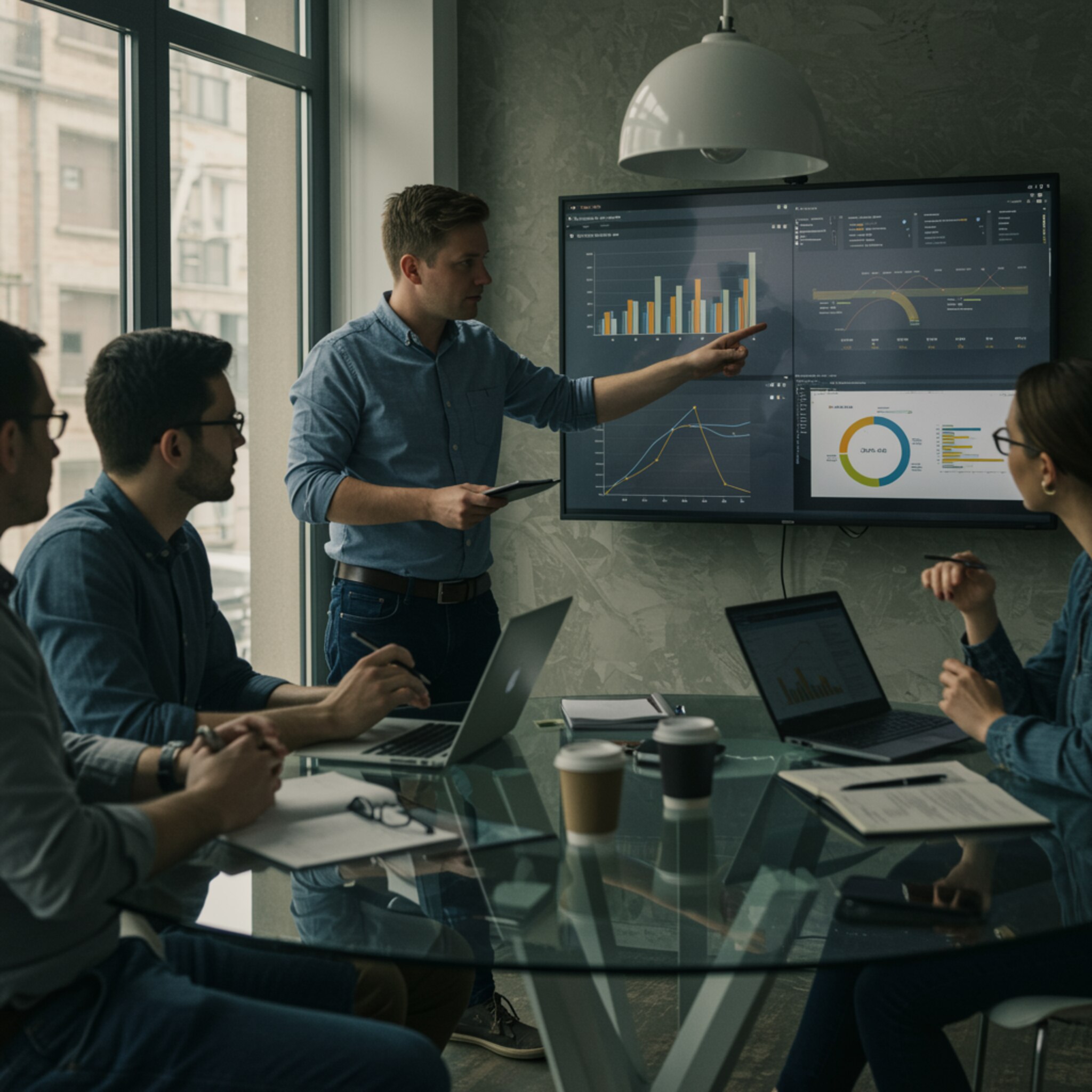 "Marketing estratégico en coworking: un hombre blanco en sus 30s colabora con colegas analizando datos de campañas en un entorno profesional y creativo."